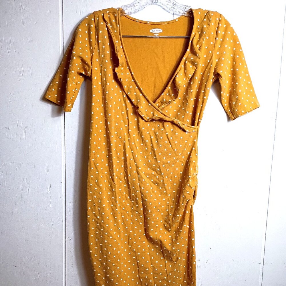 Mustard Yellow Polka Dot Body Con Maternity Dress V-Neck Old Navy XS 3/4 Sleeve